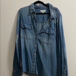 Distressed denim button-down